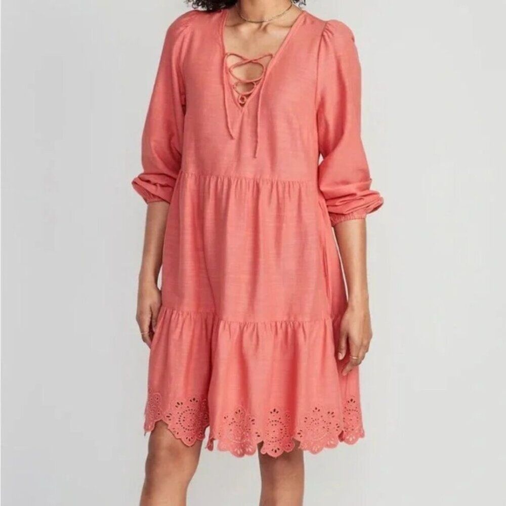 Old Navy Coral Pink Orange Tiered Lace Up Swing Dress Size L NWT